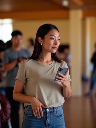 20대 중반의 동양인 여성이 캐주얼한 티셔츠와 청바지를 입고, 불만스러운 표정을 지으며 스마트폰을 쥐고 화면을 응시하는 반신 촬영 사진. 따뜻하고 활기찬 커뮤니티 센터가 배경으로, 여러 사람들이 소통하며 활동하는 모습이 담겨 있습니다.