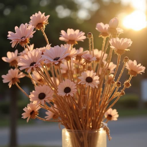 마른 꽃, 인테리어 소품, 따뜻한 황금빛 노을이 비치는 공간, 고요한, 차분한, 따뜻한.