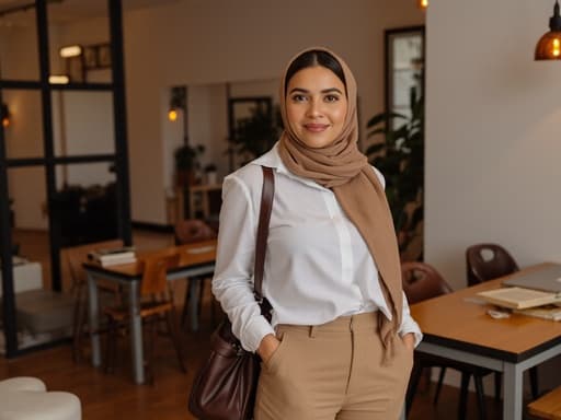 40대 중반의 중동계 여성이 편안한 캐주얼 의상과 세련된 스카프를 착용하고 자신감 있게 미소를 지으며 한쪽 어깨에 가방을 메고 있는 모습이 담긴 반신사진입니다. 아늑한 카페의 테이블과 의자, 책과 노트북이 배경으로 따뜻함과 생산성을 반영하고 있습니다.