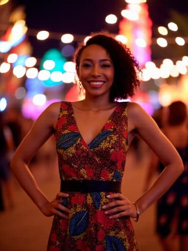 40대 초반의 혼혈 여성의 반신 촬영으로, 화려한 패턴의 드레스를 입고 스타일리시한 액세서리를 착용하며 자연스럽게 미소짓고 있습니다. 그녀는 손을 허리에 두고 자신감 있게 서 있으며, 다채로운 조명과 사람들의 웃음소리가 가득한 축제의 즐거운 분위기를 만끽하고 있습니다.