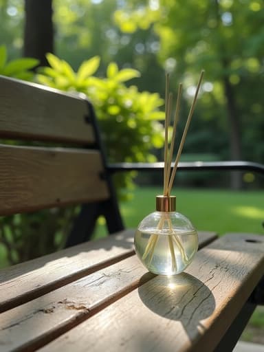 공원 벤치 위의 향수 디퓨저, 자연스러운 나무 질감, 잎 사이로 부드러운 햇빛이 비치는 모습, 유리병에 미세한 반사, 표면의 미세한 불완전함, 배경의 생기 있는 녹색, 깊이 효과, 부드러운 그림자