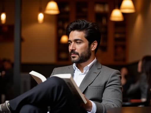 30대 중반의 유럽계 남성이 아늑한 카페에서 편안하게 앉아 있는 반신 사진입니다. 그는 깔끔한 셔츠와 잘 어울리는 캐주얼 재킷을 입고 있으며, 세련된 외모를 자랑합니다. 따뜻한 표정으로 책을 읽고 있으며, 다리를 우아하게 뻗고 있습니다. 부드러운 조명으로 밝혀진 카페의 아늑한 내부가 편안한 분위기를 더하며, 매력적인 독서 경험을 위한 완벽한 배경을 제공합니다.