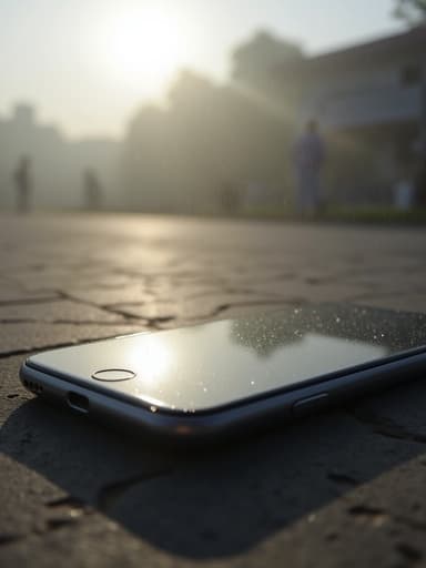 스마트폰, 디지털 기기; 부드러운 안개, 아침 빛, 흐릿한 야외; 평온하고 고요한