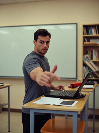 20대 중반의 백인 남성이 반신 촬영으로 보여지며, 편안한 스포츠 티셔츠와 운동복 바지를 입고 있습니다. 그는 책상 위에 있는 노트북을 향해 팔을 뻗으며 화난 표정을 짓고 있으며, 격렬한 운동 자세를 취하고 있습니다. 배경은 여러 개의 책상과 화이트보드, 책장이 있는 강의실로, 집중하고 학문적인 분위기를 조성하고 있습니다.
