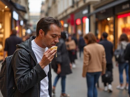 30대 중반의 라틴계 남성이 트렌디한 재킷과 청바지를 입고 약간 긴장한 표정으로 음식을 한 입 베어물며 패션 쇼핑 거리의 활기찬 분위기를 즐기는 모습.