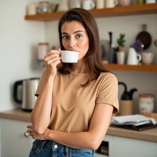 20대 중반의 자연스러운 외모를 가진 여성이 밝고 아늑한 주방에 서 있습니다. 그녀는 편안한 티셔츠와 청바지를 입고 커피 컵을 들고 있으며, 고개를 약간 갸우뚱하며 당황한 표정을 짓고 있습니다. 주방에는 다양한 주방 용품들이 있어 장면을 더욱 초대하는 분위기로 만들어줍니다.