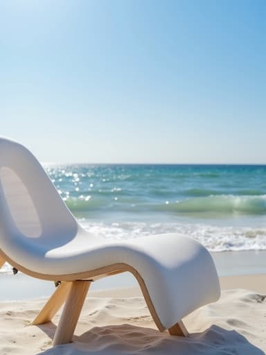 여름 바다의 잔잔한 풍경 속에서 햇빛을 받아 반짝이는 소파 의자, 편안한 분위기를 만들어냅니다.