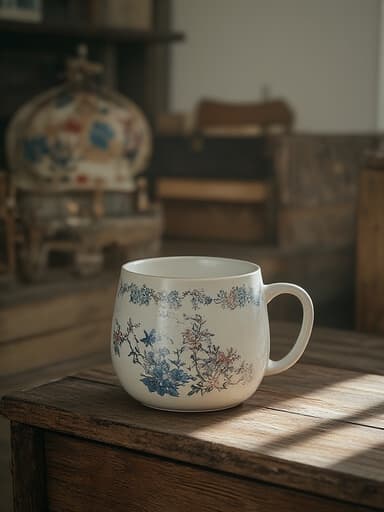 고풍스러운 세라믹 머그컵을 정교한 플로럴 패턴으로 장식하여 고풍스러운 나무 테이블 위에 놓고 고풍스러운 상점 장식으로 둘러싸여 따뜻하고 초대하는 분위기.