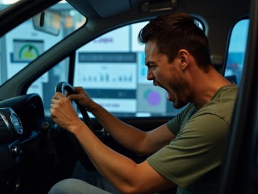 20대 후반의 백인 남성이 편안한 티셔츠와 청바지를 입고, 스티어링 휠을 쥐고 운전하는 자세로 분노한 표정을 짓고 있는 반신 사진입니다. 배경은 데이터 분석을 하고 있는 사무실 환경으로, 컴퓨터 화면에 그래프와 데이터가 표시된 어지러운 책상이 있습니다. 모델의 자세에서 작업의 스트레스와 긴장감이 드러납니다.