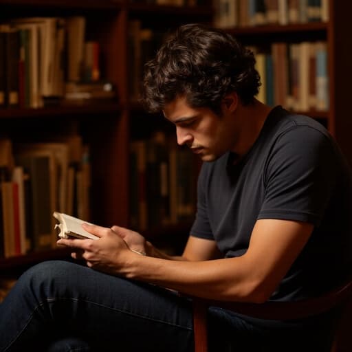 20대 후반 혼혈 남성이 캐주얼한 티셔츠와 청바지를 입고 책을 읽으며 찡그린 표정을 짓고 있는 모습의 반신 사진입니다. 그는 고개를 살짝 숙이고 집중한 모습으로 아늑한 스터디룸의 책장과 따뜻한 조명 배경 속에서 편안하고 학구적인 분위기를 자아냅니다.