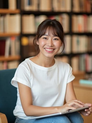 20대 초반의 동양인 여성이 편안한 티셔츠와 청바지를 입고 행복하게 미소 지으며 아늑한 스터디룸에 앉아 있습니다. 그녀는 책이나 노트북을 들고 쇼핑하거나 탐색하는 듯한 모습입니다. 배경에는 책장과 학습 자료들이 있어 따뜻한 분위기를 더해줍니다.