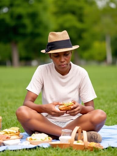 40대 중반의 흑인 여성이 가벼운 여름 복장을 하고 피크닉 담요 위에 크로스 레그로 앉아 샌드위치를 바라보며 불만스러운 표정을 짓고 있습니다. 그녀는 푸른 잔디와 다양한 음식들, 그리고 키 큰 나무들이 있는 여유로운 공원에 둘러싸여 있습니다.