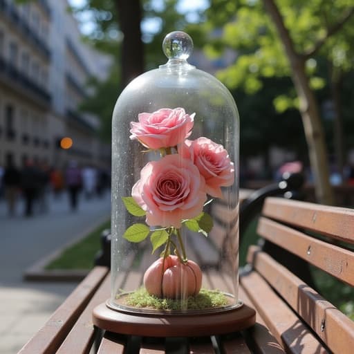 장미가 들어있는 유리 돔, 도시의 공원 벤치, 평화롭고 차분한