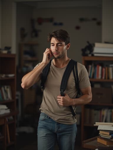 30대 중반의 유럽계 남성이 자연스러운 외모로 티셔츠와 청바지를 착용한 채 슬픈 표정을 지으며 눈물을 흘리고 있습니다. 그는 어깨에 책가방을 메고 다른 손으로 얼굴을 감싸고 있으며, 책과 노트가 어지럽혀진 조용한 공부방에 서 있어 감정적인 혼란의 순간을 포착하고 있습니다.