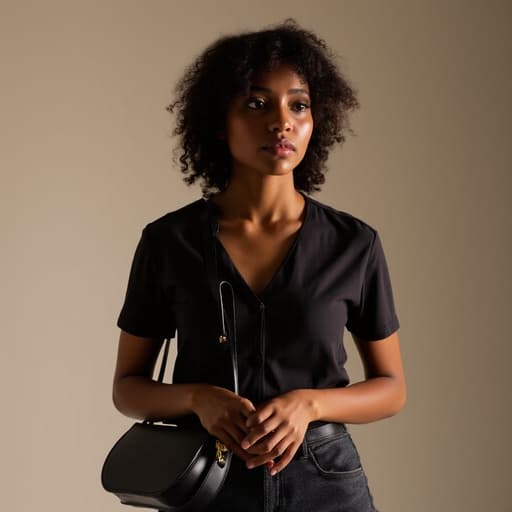 10대 후반의 흑인 여성의 반신 촬영으로, 자연스럽고 세련된 패션을 보여줍니다. 그녀는 스타일리시한 캐주얼 의상과 세련된 가방을 착용하고 있으며, 걱정스러운 표정을 지으며 고민에 잠긴 듯한 모습입니다. 손을 가슴에 얹고 가방을 바라보는 모습이 인상적이며, 부드러운 조명이 비추는 깔끔한 스튜디오 배경이 전체적인 차분한 분위기를 강조하고 있습니다.