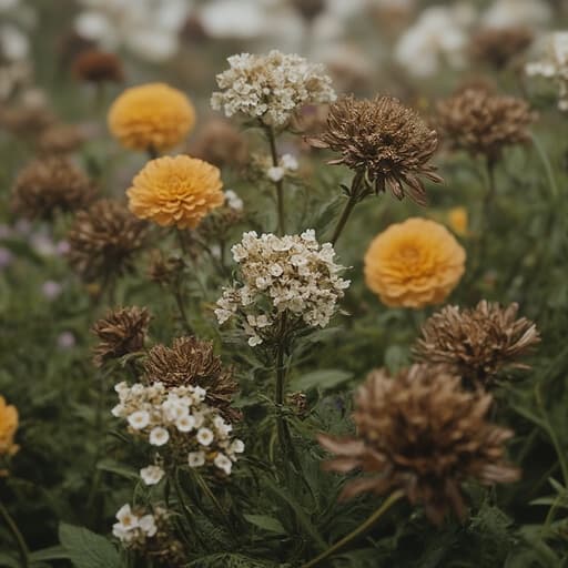 부드러운 질감과 미세한 결점을 가진 드라이플라워가 화려한 색상의 만발한 정원 한가운데 놓여 있어 고요하고 매력적인 분위기를 자아냅니다.