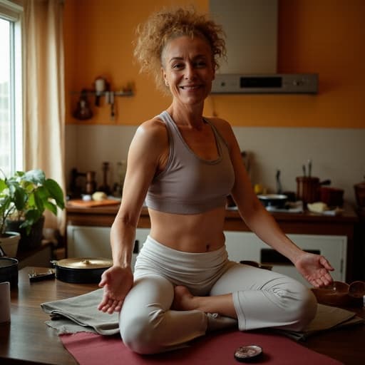 50대 초반의 혼혈 여성이 편안한 요가복을 입고 아늑한 주방에서 요가 자세를 취하고 있는 모습이 담긴 반신 사진입니다. 그녀의 자연스러운 아름다움이 드러나며, 행복과 자유로움을 표현하고 있습니다. 배경의 식탁 위에는 음악 관련 소품들이 아기자기하게 놓여 있습니다.