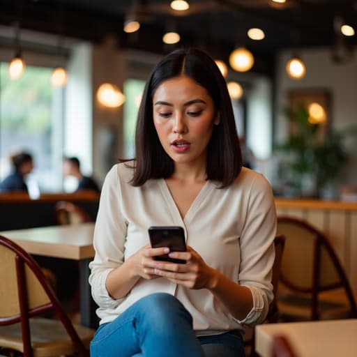 이미지는 30대 초반의 혼혈 여성의 모습으로, 캐주얼한 블라우스와 청바지를 입고 있습니다. 그녀는 현대적인 카페에 앉아 스마트폰을 손에 쥐고 화면을 바라보며 놀란 표정을 짓고 있습니다. 카페의 현대적인 디자인은 그녀의 편안하면서도 몰입한 모습과 잘 어울립니다.