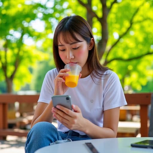 10대 후반의 동양인 여성의 반신 사진으로, 자연스러운 외모를 가진 그녀는 캐주얼한 티셔츠와 청바지를 입고 야외 테이블에 앉아 있습니다. 지루한 표정을 지으며 한 손으로 음료를 마시고 다른 손으로 전화를 사용하고 있습니다. 배경은 햇살이 비치는 푸른 나무들로 가득 차 있어 편안한 분위기를 더합니다.