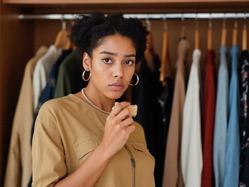 중동계의 10대 소녀가 다양한 의상과 액세서리로 가득 찬 옷장 앞에 서서 음식을 먹으면서 옷을 고르고 있습니다. 그녀의 자연스러운 아름다움과 트렌디한 패션 감각이 강조되지만, 불안한 표정은 그녀의 선택에 대한 걱정을 암시합니다.