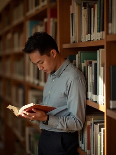 조용한 도서관에서 책에 집중하는 40대 초반의 아시아계 남성의 반신 샷. 캐주얼한 옷을 입고 있으며 찡그린 표정으로 약간 고개를 숙이고 책에 몰두하고 있어, 책장 사이에서 평화로운 독서 분위기를 자아내고 있습니다.