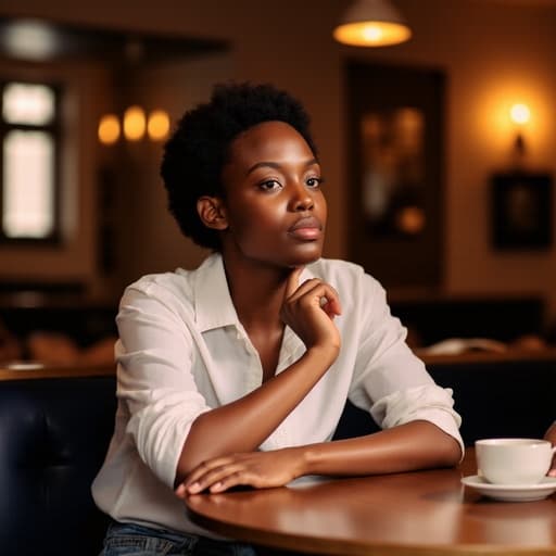 30대 초반의 아프리카계 여성이 캐주얼한 블라우스와 청바지를 입고 아늑한 레스토랑 테이블에 앉아 있는 반신 사진. 그녀는 무표정으로 생각에 잠긴 듯하며, 부드러운 조명이 공간의 따뜻한 분위기를 강조합니다.