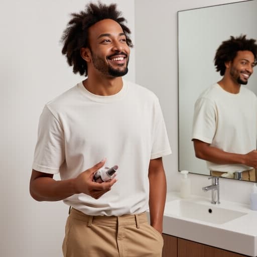 30대 후반의 아프리카계 남성이 편안한 티셔츠와 바지를 입고, 깨끗한 화장실 세면대 앞에서 화장품을 사용하며 긍정적으로 미소 짓고 있는 반신 사진. 그의 편안한 자세는 하루를 준비하는 듯한 느낌을 주어 따뜻하고 매력적인 분위기를 만들어냅니다.