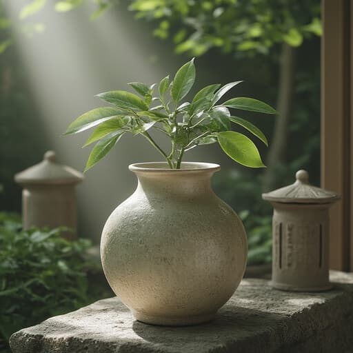 텍스처가 있는 도자기로 만들어진 핸드메이드 화병이 중심에 있으며, 독특한 디자인과 자연스러운 결함을 가지고 있습니다. 일본 정원에 석등과 울창한 녹음이 있는 배경에서 차분하고 고요한 분위기를 자아냅니다.