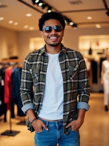 20대 중반의 혼혈 남성이 트렌디한 체크무늬 셔츠와 청바지를 입고 손을 주머니에 넣고 자신감 넘치는 표정으로 여유롭게 서 있는 반신 사진입니다. 배경은 다양한 스타일의 의류로 가득 찬 패션 매장으로, 활기차고 세련된 분위기를 만들어냅니다.