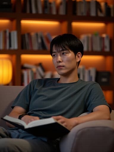 20대 후반의 동양인 남성이 자연스러운 외모로 아늑한 서재의 소파에 편안하게 앉아 있는 반신 샷입니다. 그는 편안한 티셔츠와 캐주얼 팬츠를 입고 여유로운 감정을 드러내고 있습니다. 부드러운 미소를 지으며 책을 읽고 있는 모습은 그의 고요한 환경 속에서 편안한 순간을 보여줍니다. 서재의 따뜻하고 초대하는 분위기가 편안함과 여유를 더욱 강조하며, 이 장면은 친밀하고 공감할 수 있는 느낌을 줍니다.