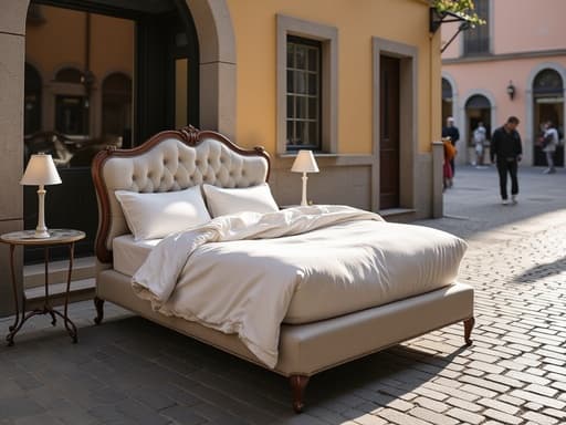 싱글 침대, 가구, 이탈리아 광장의 자갈길, 따뜻한 오후의 분위기