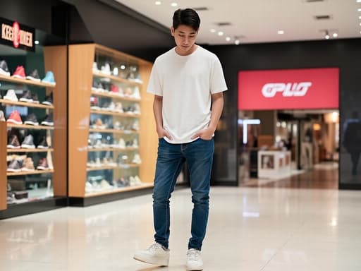 20대 후반의 아시아계 남성이 캐주얼한 티셔츠와 청바지를 입고 스타일리시한 운동화를 감탄하는 모습. 그는 한쪽 발을 들어올리며 놀란 표정을 지으며, 다양한 신발 매장이 있는 현대적인 쇼핑몰 내부에서 트렌디하고 매력적인 분위기를 자아냅니다.