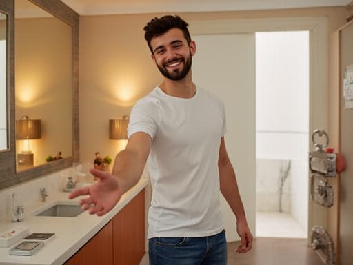 20대 초반의 중동계 남성이 세련된 티셔츠와 청바지를 입고 반신 사진으로 촬영되었습니다. 그는 활기찬 표정과 자신감 넘치는 미소를 지으며 세련된 화장실 배경에서 쇼핑 아이템을 선택하기 위해 손을 앞으로 뻗고 있습니다.