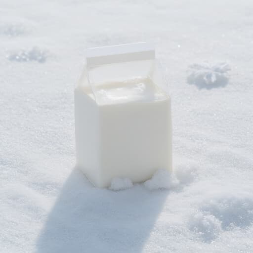 우유 팩, 깨끗한 흰색 표면, 미세한 응결, 겨울 배경의 복잡한 얼음 장식, 고요하고, 선명하고, 상쾌한.