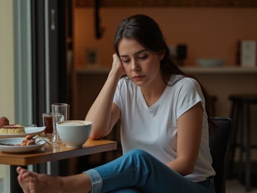20대 중반의 중동계 여성이 자연스러운 외모를 가지고 편안한 티셔츠와 청바지를 입고 아늑한 카페에 앉아 있는 반신 촬영입니다. 그녀는 슬픈 표정을 짓고 아쉬움이 담긴 눈빛으로 스마트폰을 들고 다리를 뻗고 앉아 있으며, 앞에 놓인 커피와 디저트를 사색하는 모습입니다.