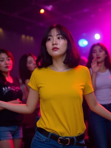 10대 후반의 동양인 여성이 캐주얼한 의상을 입고 활기찬 클럽 안에 서 있습니다. 그녀는 친구들과 함께 점프하며 즐거운 시간을 보내려 하지만, 불안한 표정이 살짝 드러납니다. 화려한 조명과 음악이 흐르는 배경은 그녀의 즐거운 행동과 내면의 긴장감을 대조적으로 부각시킵니다.