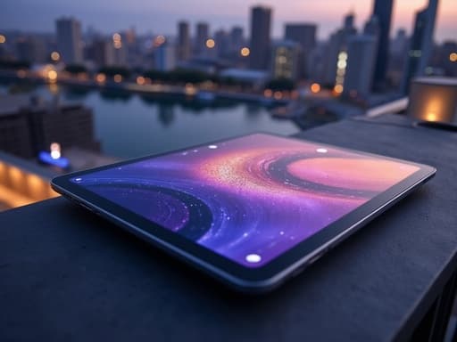 태블릿, 황혼의 도시 풍경, 따뜻한 색조, 부드러운 그림자