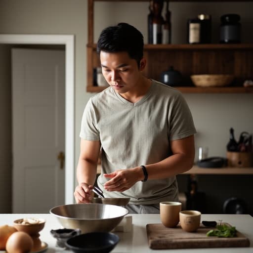 20대 중반의 동양인 남성이 현대적인 주방에서 요리를 하며 재료를 준비하는 모습이 반신 촬영으로 담겨 있습니다. 편안한 티셔츠와 바지를 입고 차가운 표정을 지으며 집중하고 있는 모습으로, 배경에는 세련된 가전제품과 따뜻한 분위기가 어우러져 그의 요리 창의성을 강조하고 있습니다.