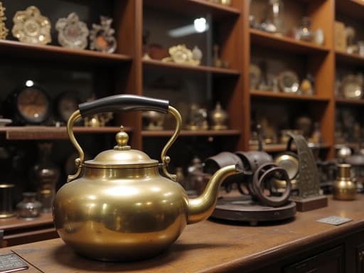 주방용품인 주전자가 따뜻한 불빛과 나무 선반, 그리고 흩어진 앤티크 장식들로 아늑하고 향수를 불러일으키는 분위기의 빈티지 앤티크 숍에 놓여 있다.
