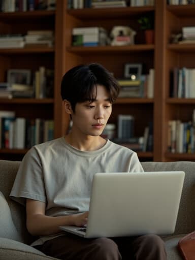 20대 후반의 한국인 남성이 편안한 티셔츠와 바지를 입고 소파에 앉아 슬픈 표정을 지으며 눈에 눈물이 흐르는 모습으로 노트북을 바라보는 아늑한 공부방의 장면을 담고 있습니다. 책과 학습 도구들이 가득한 배경이 깊은 생각에 잠긴 감정을 더욱 강조합니다.