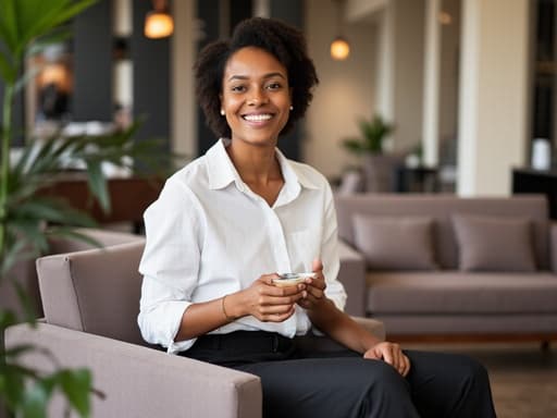 20대 후반의 혼혈 여성이 현대적인 공유 오피스 환경에서 편안하게 앉아 커피를 마시며 밝게 웃고 있습니다. 캐주얼한 블라우스와 세련된 슬랙스를 입고 있으며, 세련되고 영감을 주는 작업 공간 속에서 트렌디하고 편안한 분위기를 자아냅니다.