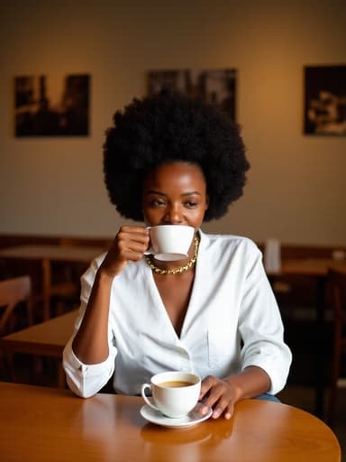 30대 초반의 아프리카계 여성, 캐주얼한 블라우스와 청바지를 입고 아늑한 카페에서 커피잔을 들고 앉아 있습니다. 그녀는 찡그린 표정으로 커피잔을 바라보며, 나무 테이블과 예술적인 벽 장식이 있는 따뜻한 카페 분위기에 둘러싸여 있습니다.