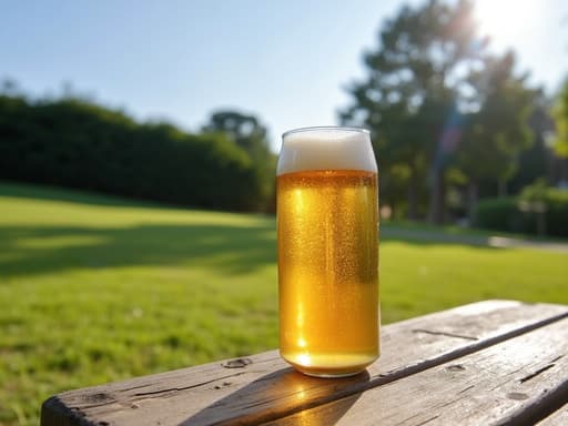 나무 피크닉 테이블 위의 맥주 캔, 신선한 응결 방울, 맑은 파란 하늘과 생기 넘치는 초록 잔디가 배경인, 생기 있고 상쾌한 야외 분위기.