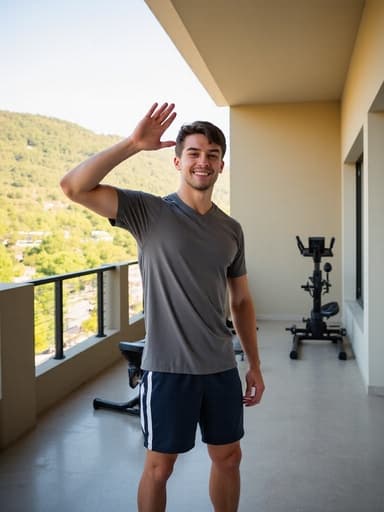 20대 초반의 유럽계 남성이 편안한 운동복과 스니커즈를 착용하고 햇볕이 잘 드는 베란다에서 운동기구를 배경으로 서 있습니다. 그는 건강한 외모와 친근한 미소를 지으며 한 손을 들어 인사하고 있습니다. 이 장면은 따뜻하고 매력적인 분위기 속에서 활동적인 라이프스타일의 본질을 포착하고 있습니다.