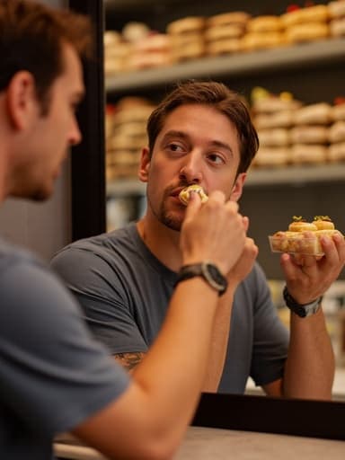 40대 중반의 혼혈 남성이 아늑한 베이커리에서 캐주얼한 티셔츠와 청바지를 입고, 한 손에 디저트를 들고 거울을 바라보며 화장하는 모습입니다. 그의 찡그린 표정은 디저트를 고려하는 듯하며, 배경에는 다양한 디저트가 진열되어 있습니다.