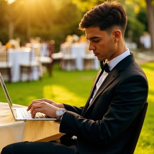 20대 중반의 라틴계 남성이 세련된 결혼식 정장을 입고 노트북에 집중하여 타이핑하는 모습이 담긴 이미지로, 해가 떠오르는 아름다운 야외 결혼식 장소와 푸른 잔디, 장식된 테이블들이 배경으로 펼쳐져 있습니다.