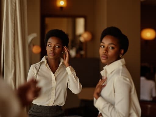 30대 중반의 흑인 여성이 세련된 비즈니스 캐주얼 의상을 입고 거울 앞에서 화장하는 모습의 반신 사진. 아늑한 카페 내부에서 따뜻한 조명이 비추고 있다.