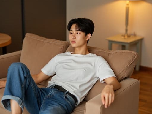 20대 초반 한국인 남성이 아늑한 거실의 소파에 편안하게 앉아 있는 모습을 반신 촬영한 이미지입니다. 그는 자연스럽고 우아한 매력을 발산하며, 청바지와 흰색 티셔츠를 입고 한쪽 팔을 소파에 기대고 있습니다. 따뜻한 조명 아래에서 편안하고 초대하는 분위기를 전달합니다.