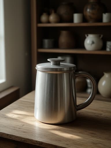 빈티지 주전자가 시골풍의 앤티크 가게의 나무 테이블 위에 놓여 있고, 따뜻한 자연광이 장면을 비추며, 주전자의 광택 있는 표면에 미세한 반사가 있으며, 배경은 부드럽게 흐릿하다. 높은 세부 사항, 사진처럼 사실적이며, 4K.