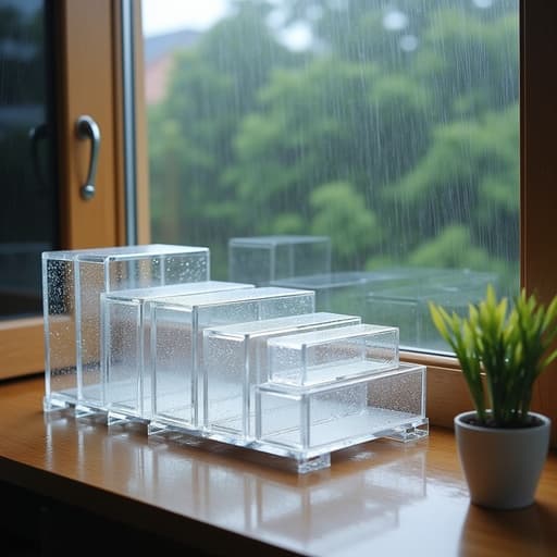 비 내리는 창가 근처의 나무 테이블 위에 있는 아크릴 정리함, 부드러운 자연광이 스며들고 물방울이 미세한 흐림을 만들어내며, 평화롭고 아늑하며 고요한.